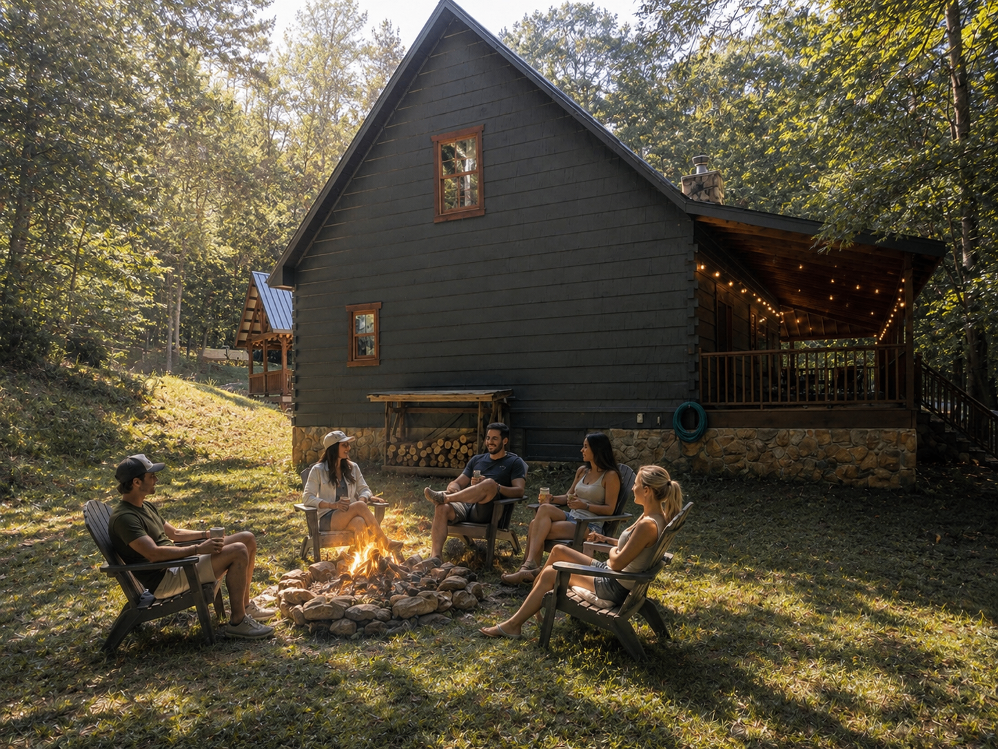 Group of friends laughing around the fire pit beside the cabin