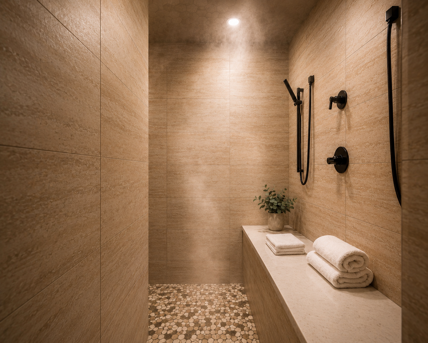 Private travertine-tiled steam room with pebble floor and rain shower